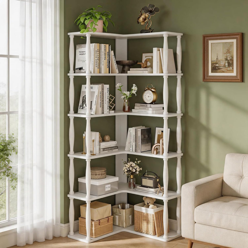 6 Tier Corner Bookshelf, L Shaped Bookcase with Solid Wood Posts,Vintage American Display Shelf for Home Office, Living Room, Bedroom, Kitchen