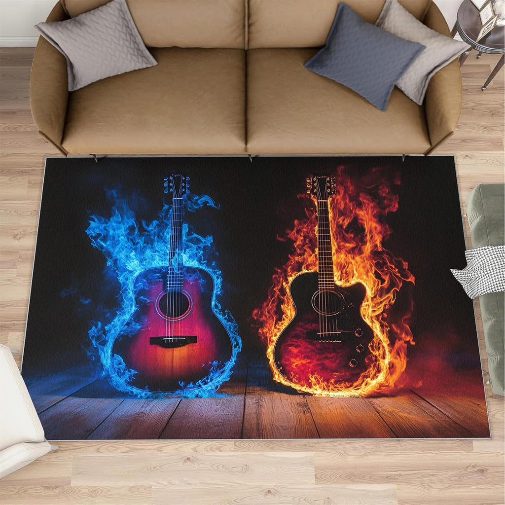 Guitar Rug 5x7-5x7 Rug, Ice and Fire Area Rugs for Living Room, Passion Rock Washable Area Mat for Bedroom, Musical Instrument Carpet, Boys Room Carpet - Guitar Home Decor & Gift