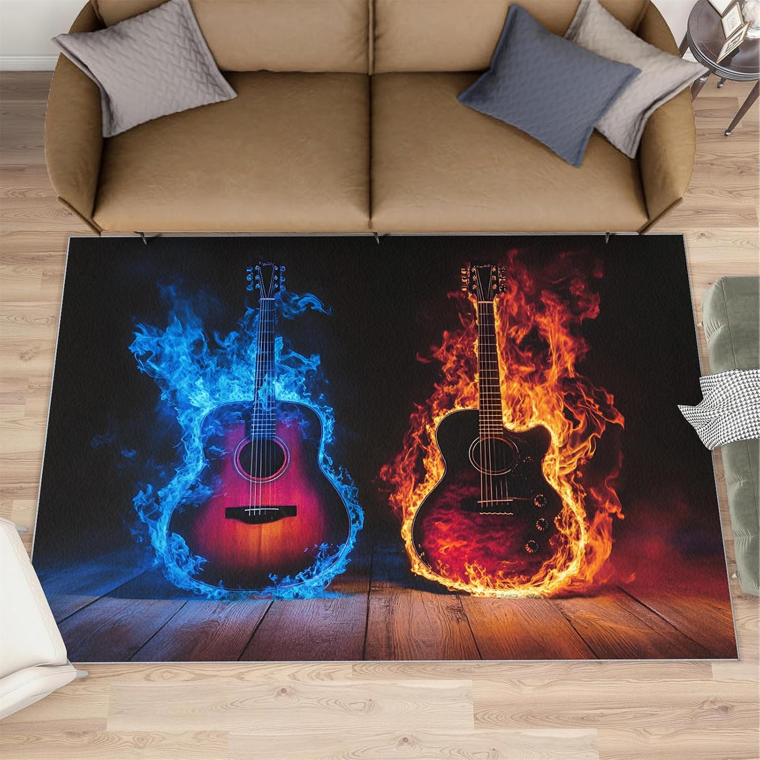 Guitar Rug 5x7-5x7 Rug, Ice and Fire Area Rugs for Living Room, Passion Rock Washable Area Mat for Bedroom, Musical Instrument Carpet, Boys Room Carpet - Guitar Home Decor & Gift