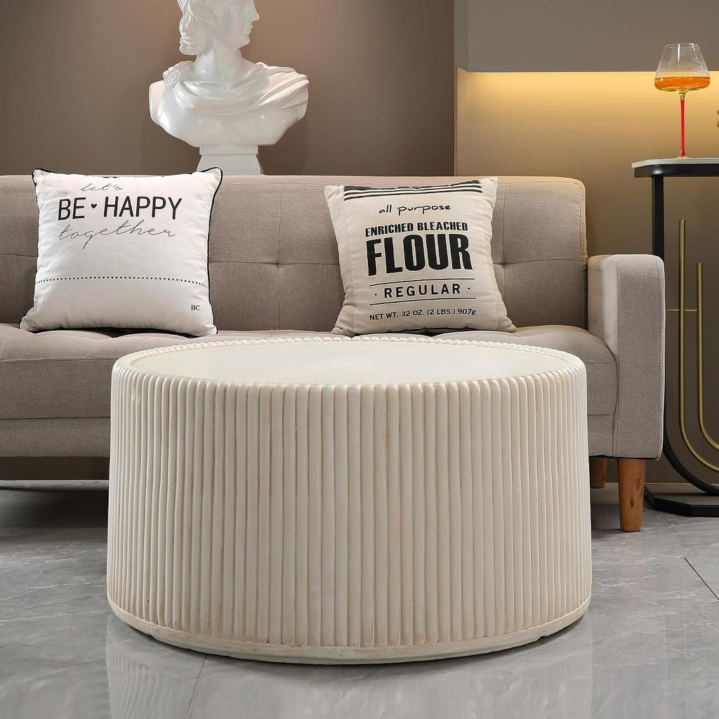Off-White MGO Round Coffee Table for Indoors and Outdoors, 29.53' Mid-Century Modern Magnesium Oxide Fluted Drum Coffee Table, Circle Cocktail Tea Table for Living Room, No Assemble