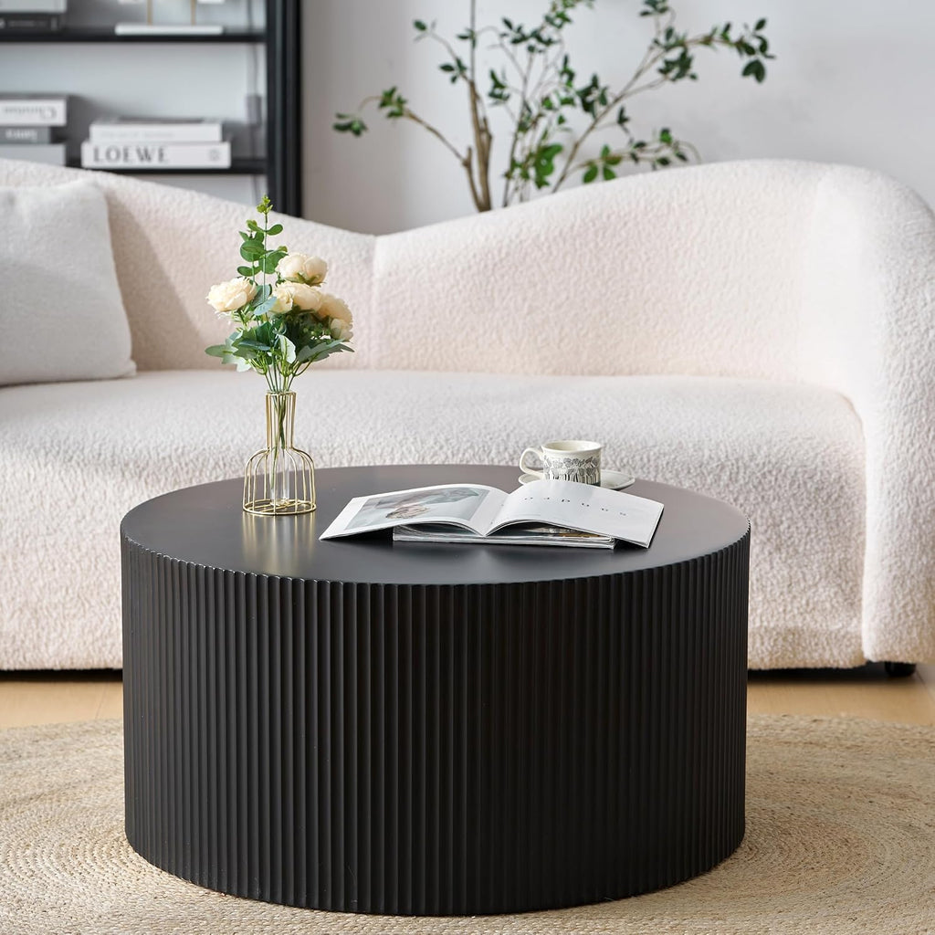 Nesting Coffee Table Set of 2, Modern Drum Side Table End Table, Wave Stripe Round Coffee Table for Living Room, Bedroom, Black-02