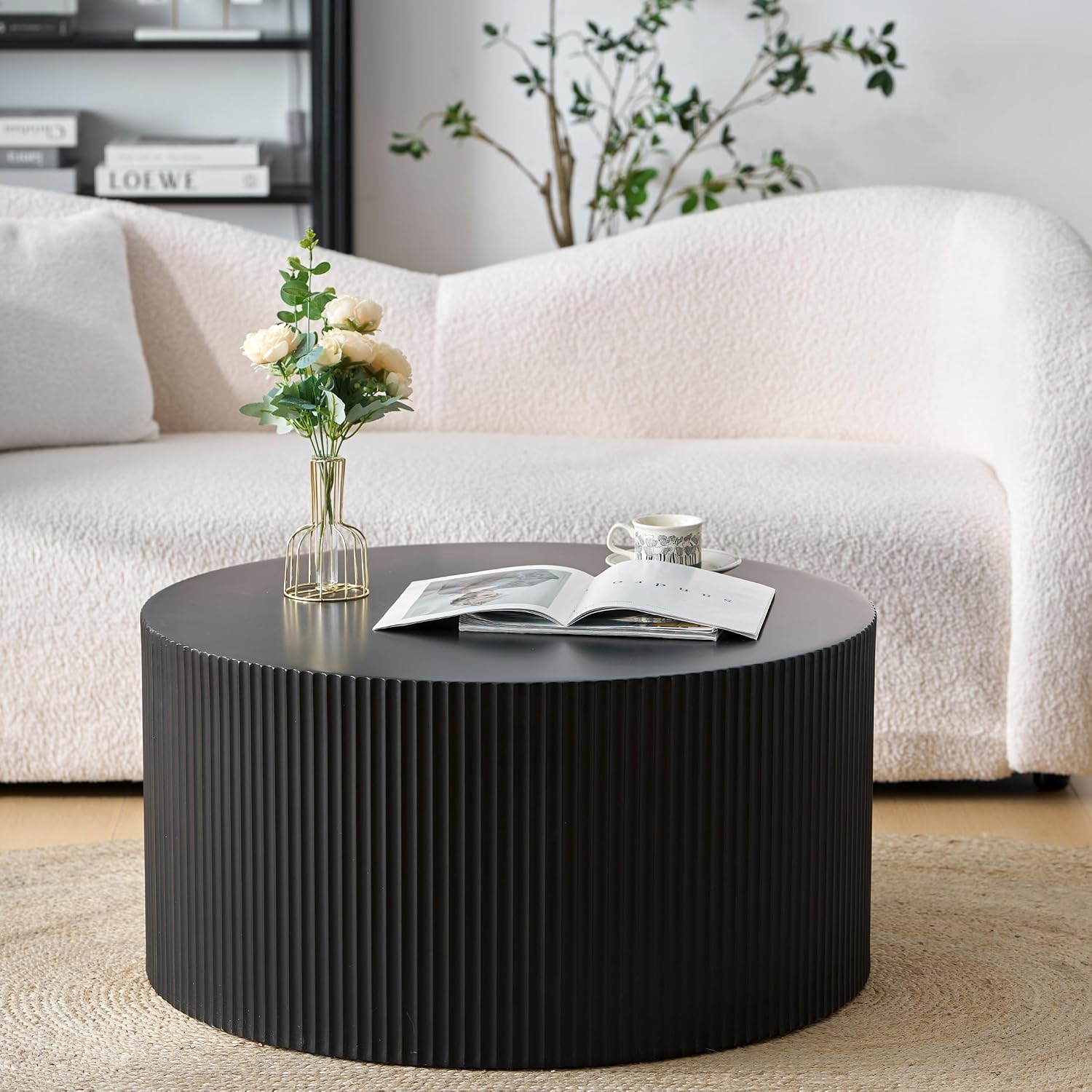 Nesting Coffee Table Set of 2, Modern Drum Side Table End Table, Wave Stripe Round Coffee Table for Living Room, Bedroom, Black-02