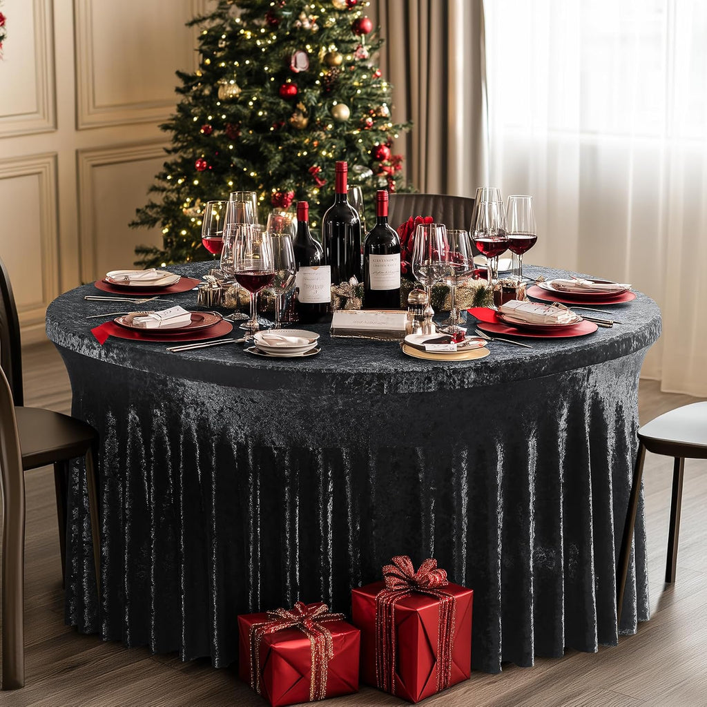 6 Pack Black Velvet Round Tablecloths for 60 inch Table, Wrinkle Free Stretchy 120 inch Spandex Fitted Round Table Cloths Covers Washable Clothes for Wedding Birthday Parties Banquet