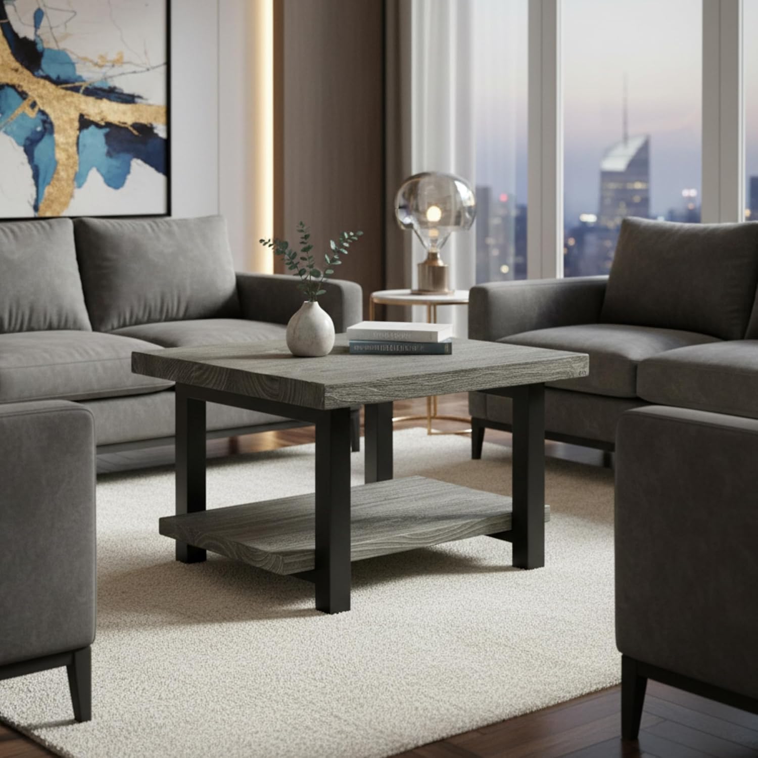 Pomona 27-Inch Square Solid Wood Coffee Table with Metal Legs – Modern Rustic Industrial Small Space Table by Alaterre Furniture (Slate Grey)
