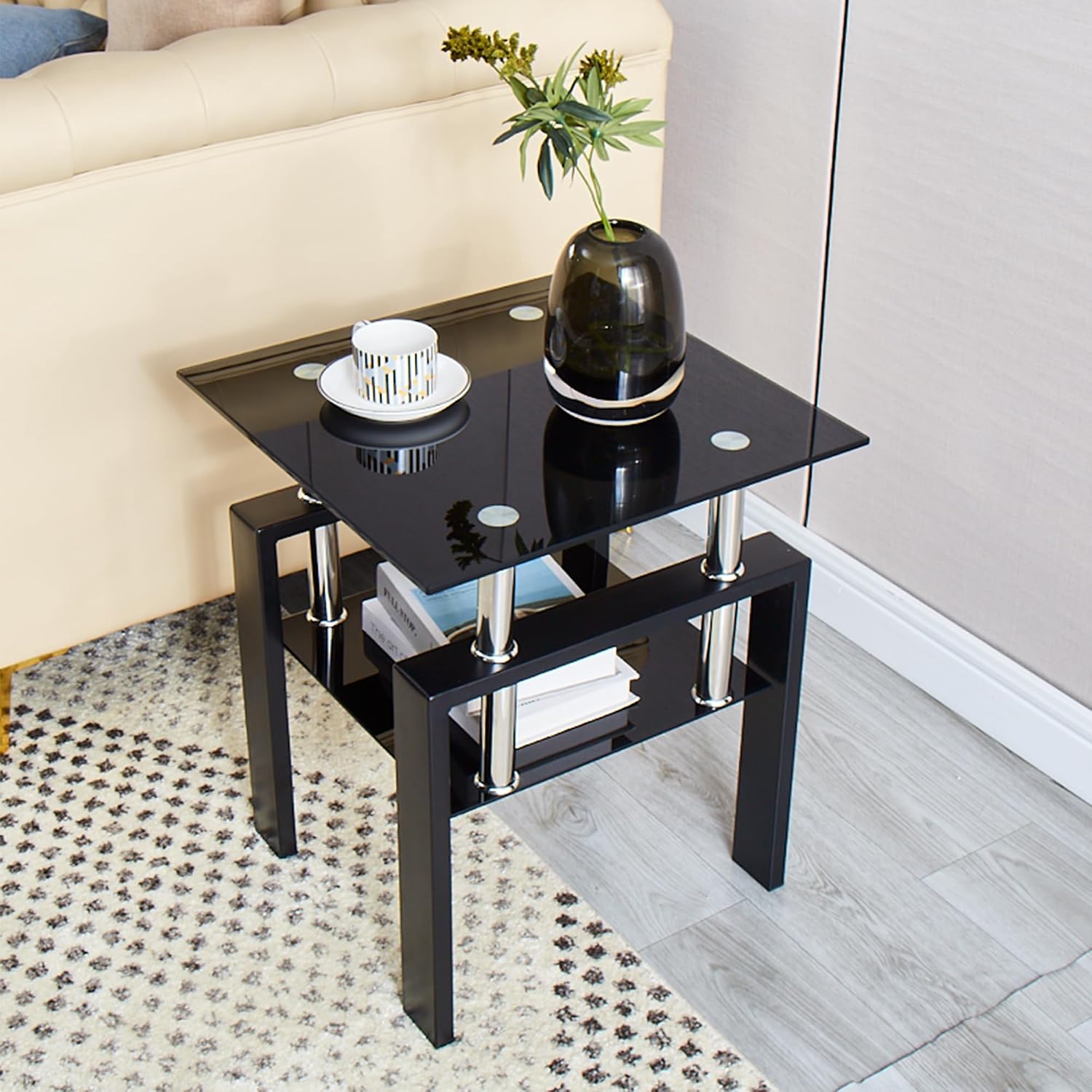 Glass Coffee Table Set of 3, Modern Black Living Room Tables, Coffee and End Tables, 3pcs Coffee Table Set for Living Room (All Black Set of 3)