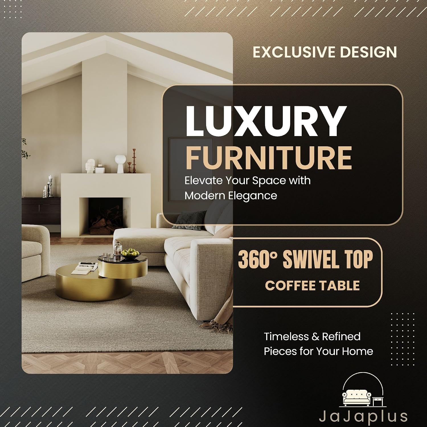 41 Inch Round Rotating Coffee Table with 360 Degree Swivel Top and 2 Tier Design, Brushed Brass Stainless Steel Frame with Black Tempered Glass, Modern Center Table for Living Room or Office