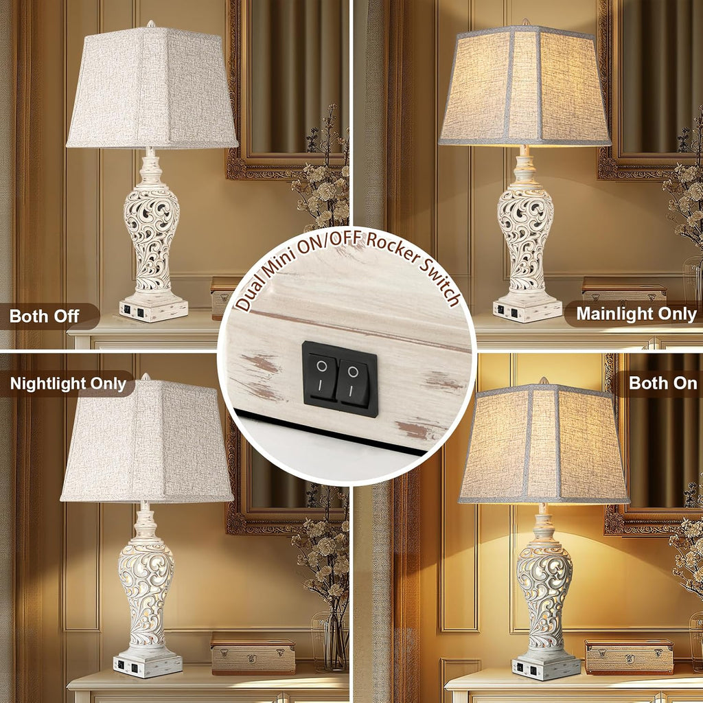 LuxSight Collection 32' Tall Table Lamps Set of 2 - Bedside Lamp with Fabric Shades - for Bedroom and Living Room with USB and Nightlight - Perfect for Nightstands and Bedrooms - Bulbs Included