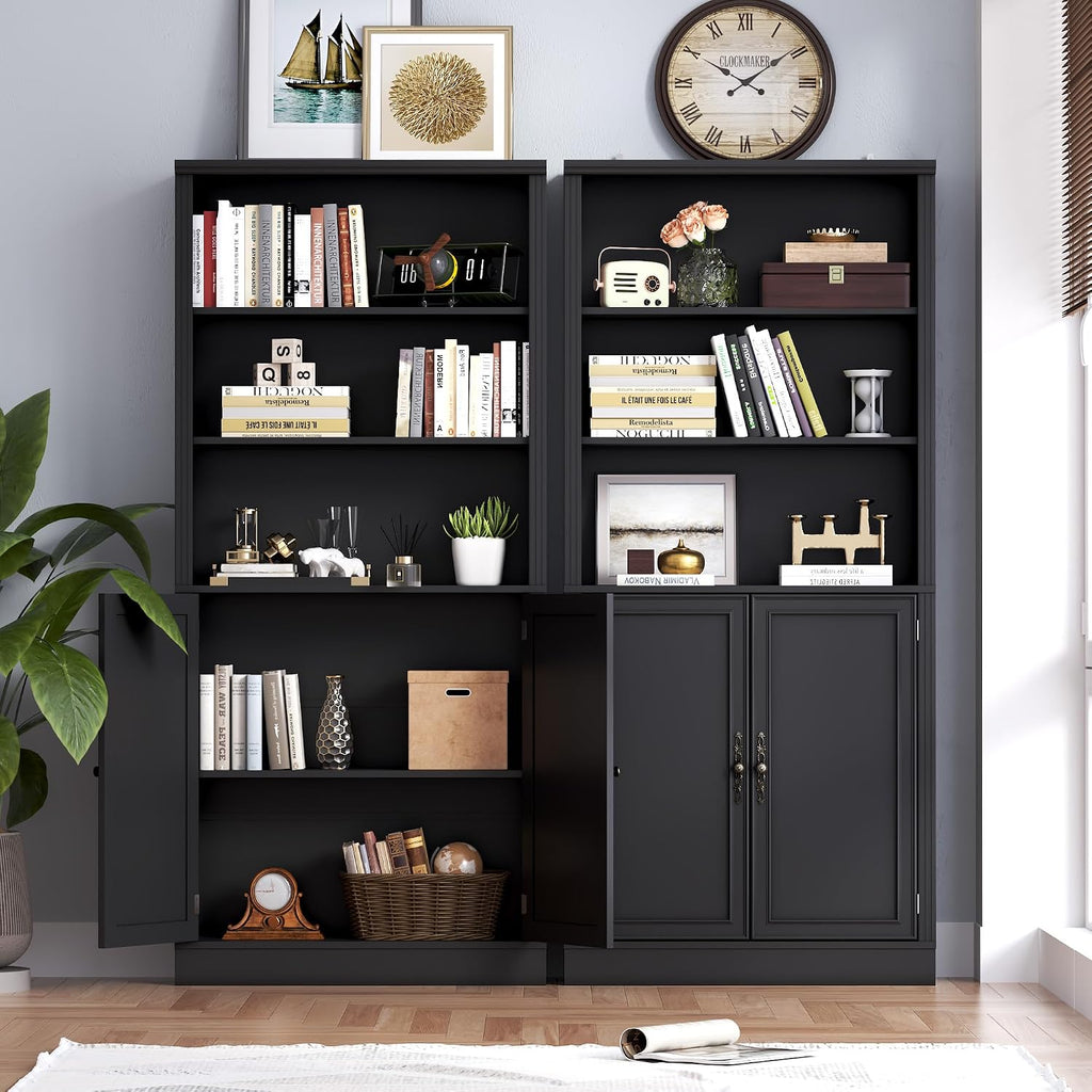 BORNOON 70.1' Tall Bookshelf with Cabinet, 5-Tier Floor Standing Bookcase with Doors & Adjustable Shelves, 31.5' Wide Storage Shelf, Metal Handles, Modern Organizer for Home Office, Living Room