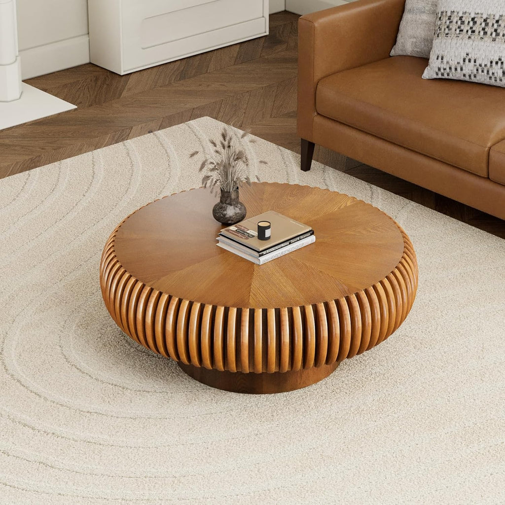 Fluted Drum Coffee Table Round Coffee Table for Living Room Mid Century Modern Coffee Tables with Sturdy Pedestal Circle Center Tea Table Accent Tea Table for Small Space Apartment (31.5' Brown)