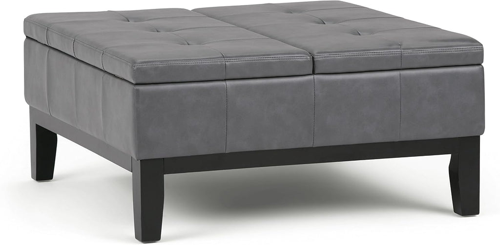 SIMPLIHOME Dover 36 inch Wide Contemporary Square Coffee Table Storage Ottoman in Stone Grey Vegan Faux Leather, Assembled, For the Living Room and Bedroom