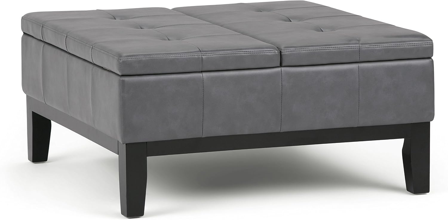 SIMPLIHOME Dover 36 inch Wide Contemporary Square Coffee Table Storage Ottoman in Stone Grey Vegan Faux Leather, Assembled, For the Living Room and Bedroom