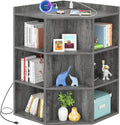 Aheaplus Corner Cabinet, Corner Storage with USB Ports and Outlets, Corner Cube Toy Storage for Small Space, Wooden Cubby Bookshelf with 9 Cubes for Playroom, Bedroom, Living Room, Grey Oak