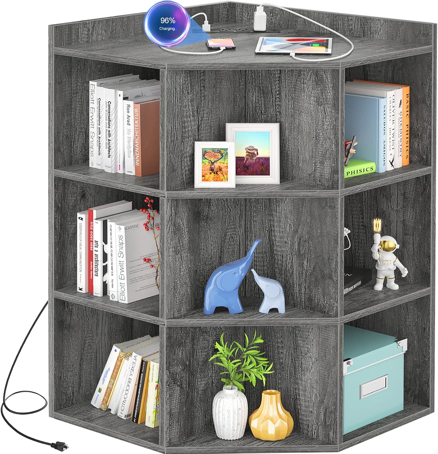 Aheaplus Corner Cabinet, Corner Storage with USB Ports and Outlets, Corner Cube Toy Storage for Small Space, Wooden Cubby Bookshelf with 9 Cubes for Playroom, Bedroom, Living Room, Grey Oak