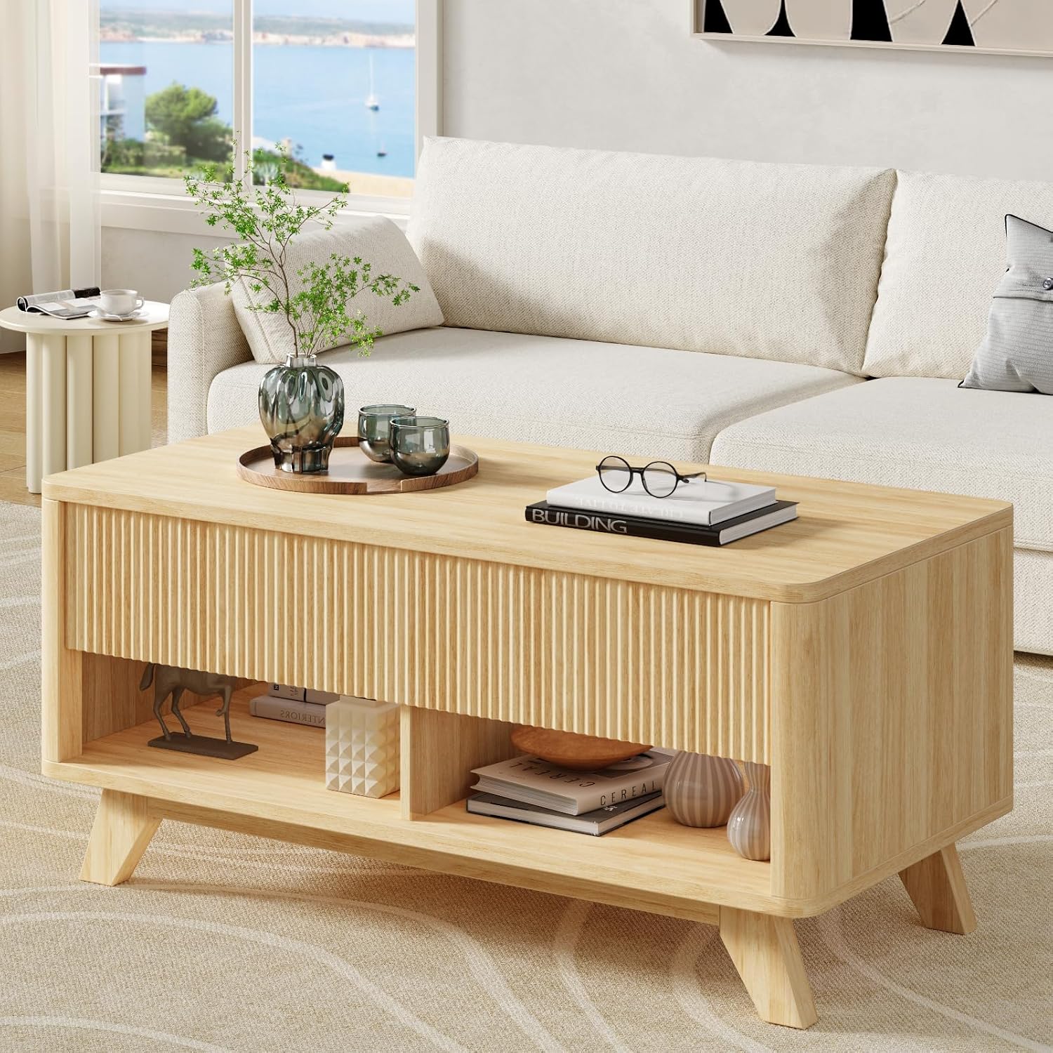 ONBRILL Farmhouse Lift Top Coffee Table, Mid Century Modern Coffee Table with Hidden Storage Compartment, Fluted Rising Pull up Wood Modern Center for Living Room, Office, Natural