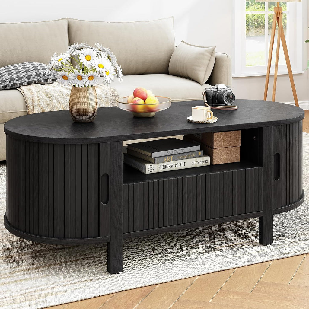 ONBRILL 47.2 Inch Oval Coffee Table with Storage, Mid Century Modern Coffee Table with Drawer, Center Table with Sliding Door and Wood Fluted Handle for Living Room, Black