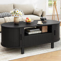 ONBRILL 47.2 Inch Oval Coffee Table with Storage, Mid Century Modern Coffee Table with Drawer, Center Table with Sliding Door and Wood Fluted Handle for Living Room, Black
