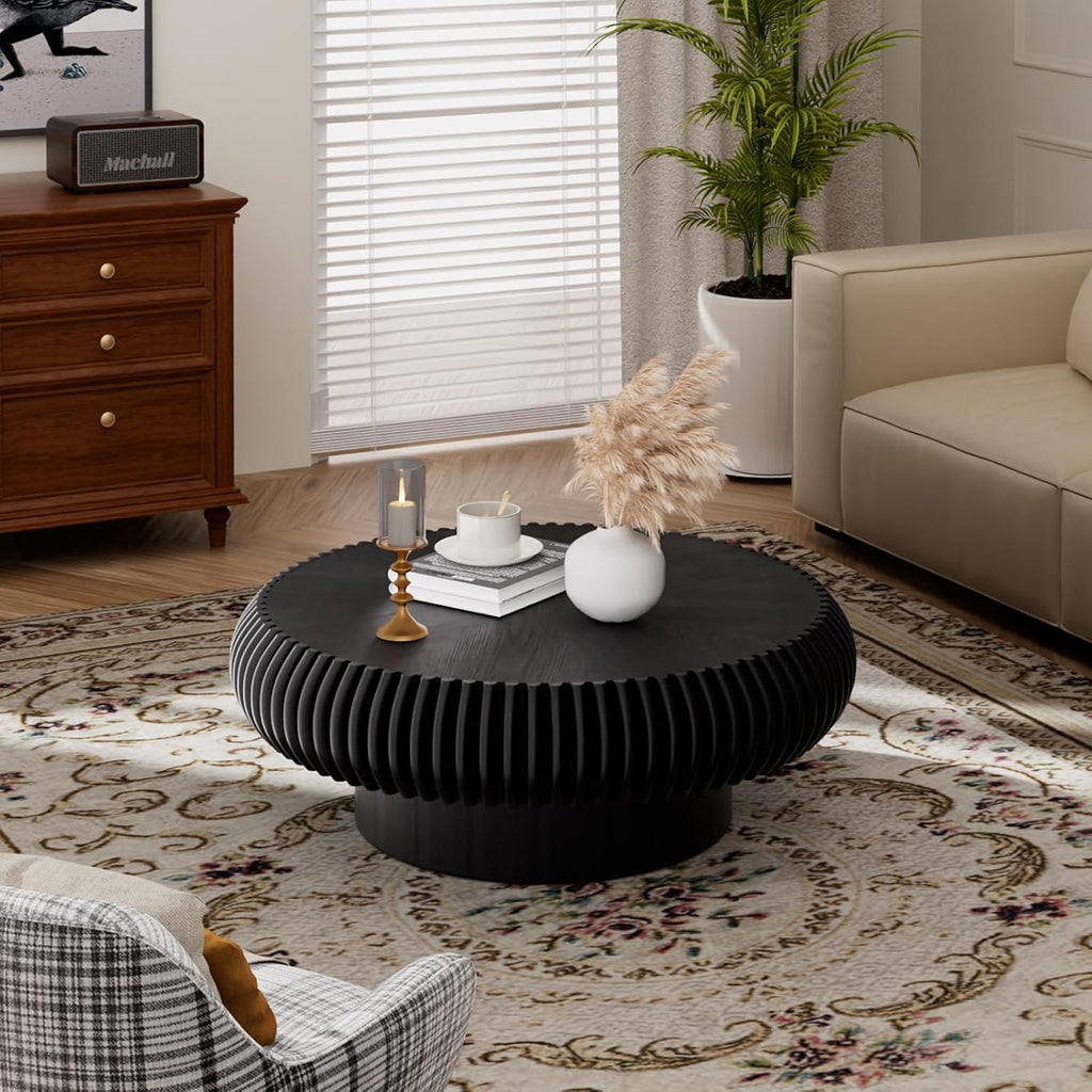 Fluted Drum Coffee Table Round Coffee Table for Living Room Mid Century Modern Coffee Tables with Sturdy Pedestal Circle Center Tea Table Accent Tea Table for Small Space Apartment (31.5' Black)