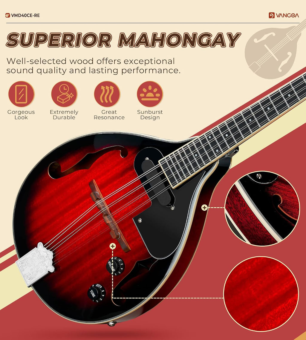 Vangoa Mandolin Musical Instrument A Style Acoustic Electric, 8 Strings Mahogany for Beginner Adults Teens, Red Burst