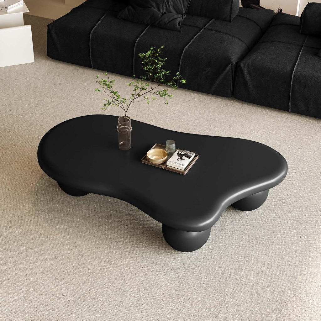47' Modern Black Coffee Table Cloud Shape Low Center Table Cute Irregular Indoor Tea Table with 3 Ball Legs for Living Room Small Space