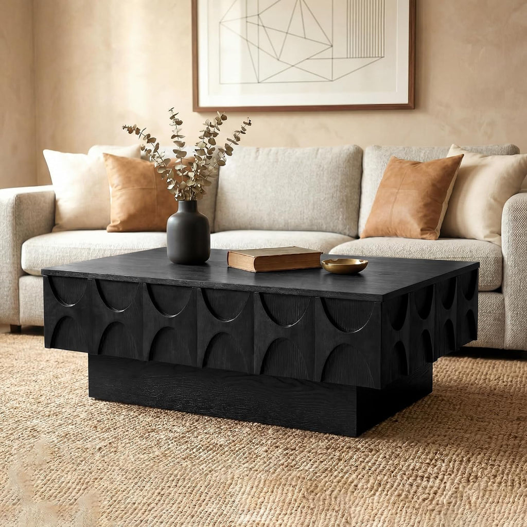 Solid Wood Veneer Coffee Table with Storage & Sliding Top, 38.6' Modern Mid Century Rectangle Center Table for Living Room, Home Office, Black