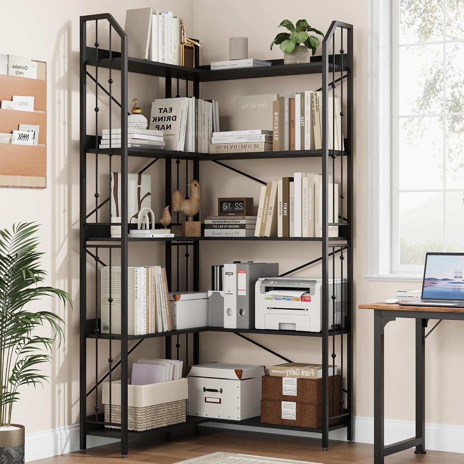 Takywep 72' Corner Bookshelf, l-Shaped 5 Tier Bookcase, Tall Corner Bookcase with Beaded Design, Large Display Shelf for Living Room Bedroom Black