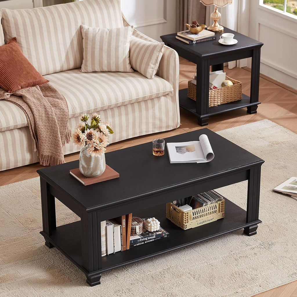 SAVOR LIFE Farmhouse Coffee Table Set of 3,Rustic Wooden Living Room Table Set,Large Coffee/End Side Tables with Open Shelf for Living Room,Black