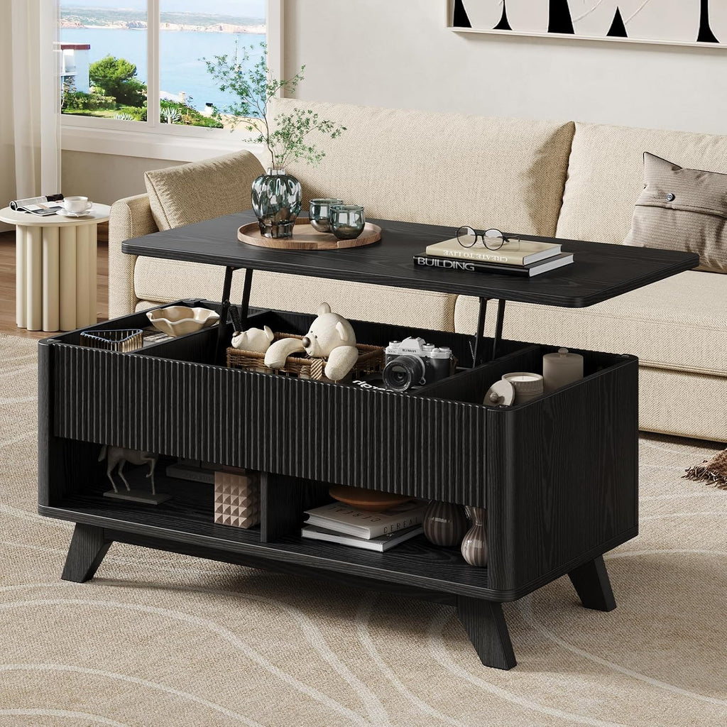 ONBRILL Farmhouse Lift Top Coffee Table, Mid Century Modern Coffee Table with Hidden Storage Compartment, Fluted Rising Pull up Wood Modern Center for Living Room, Office, Black