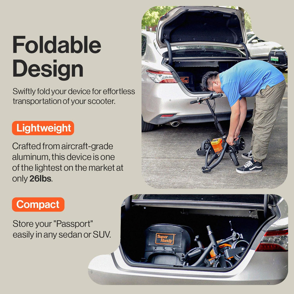 SuperHandy Passport Mobility Scooter for Adults- Foldable, 3 Wheel & GoRise FC Electric Floor to Chair Lift for Seniors and People with Disabilities - 400 Lbs Capacity [Bundle Deal]