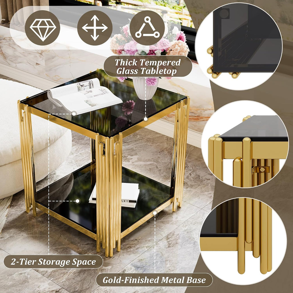 Merax Table Set of 3, with 1 Rectangle Coffee Table & 2 Square End Tables, Black Mirror, Asymmetrical Metal, Gold Finish & Lower Shelf, for Living Room Apartment, Black