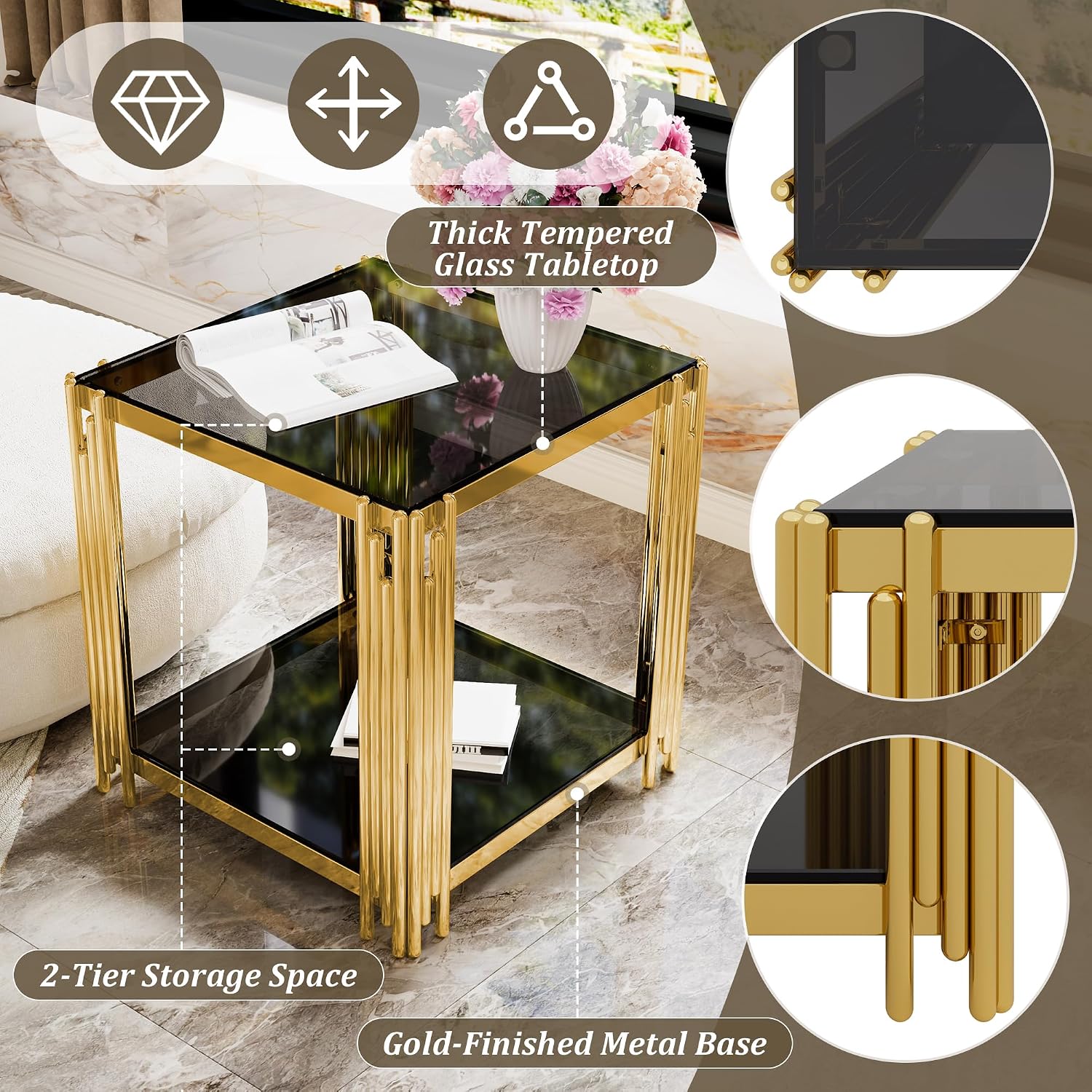 Merax Table Set of 3, with 1 Rectangle Coffee Table & 2 Square End Tables, Black Mirror, Asymmetrical Metal, Gold Finish & Lower Shelf, for Living Room Apartment, Black