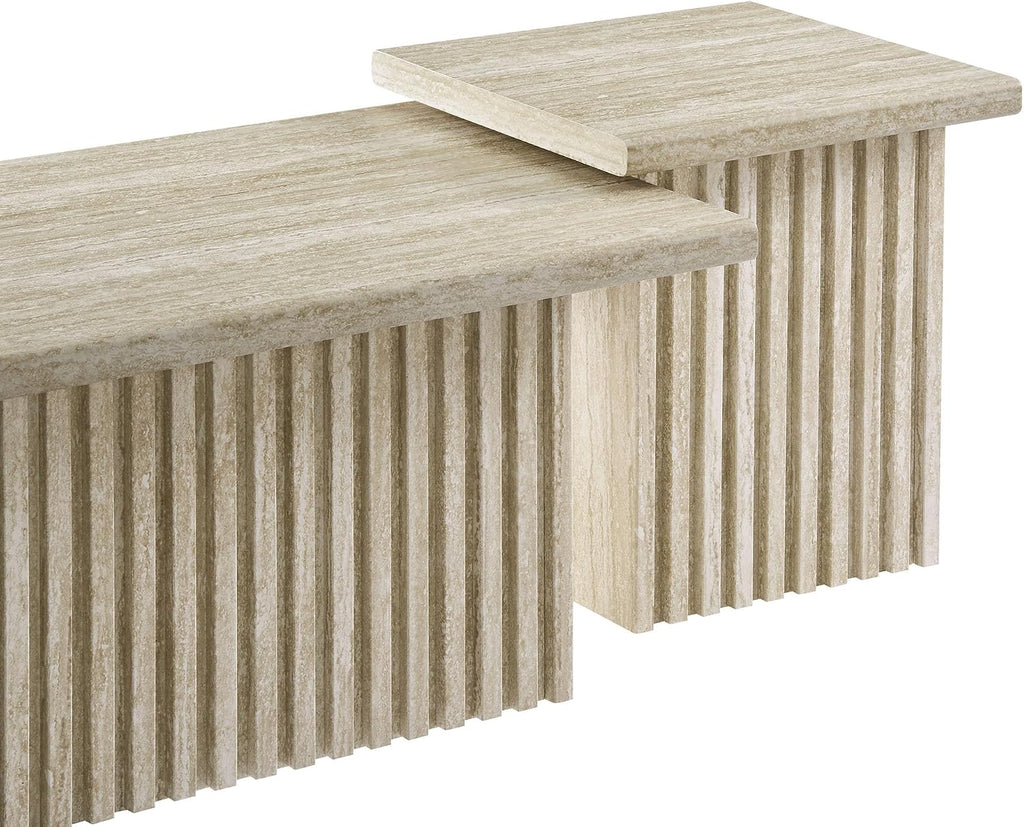Modway Render Faux Travertine Slatted Nesting Coffee Table Set in Travertine - 2 Piece Low Profile Coffee Table Mid Century Modern - Abstract Coffee Tables for Living Room - Nested Accent Tables