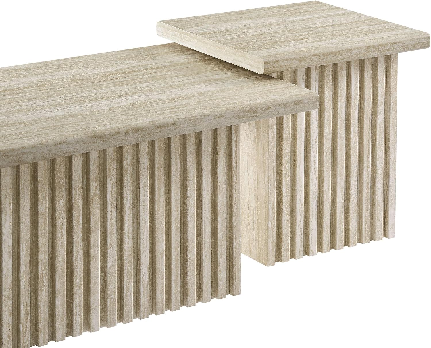 Modway Render Faux Travertine Slatted Nesting Coffee Table Set in Travertine - 2 Piece Low Profile Coffee Table Mid Century Modern - Abstract Coffee Tables for Living Room - Nested Accent Tables
