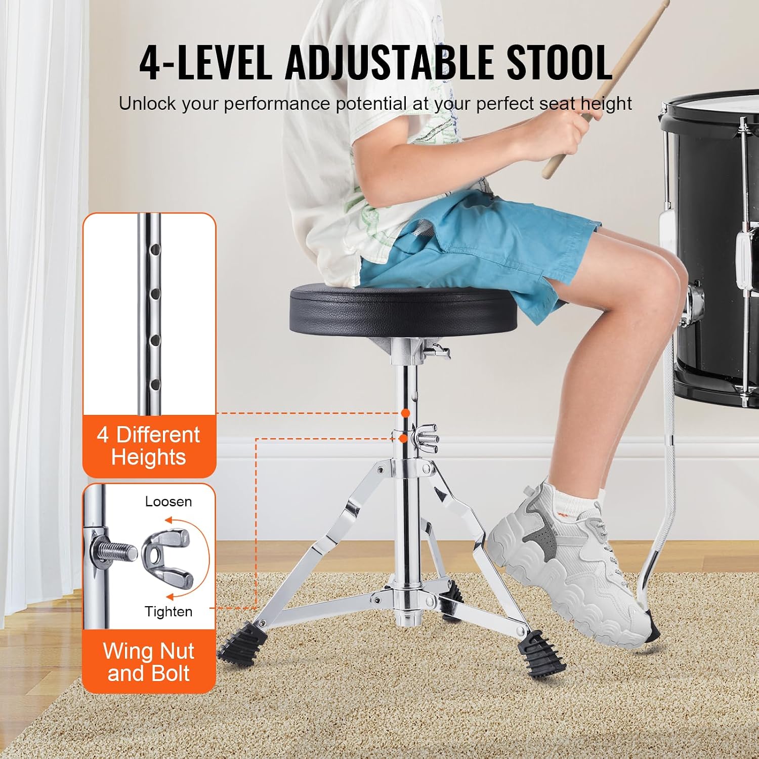 VEVOR Kids Drum Set, 5 Piece 16in Beginner Youth Full Drum Set with Bass Toms Snare Floor Drum Adjustable Throne Cymbal Hi-Hat Pedal and Two Pairs of Drumsticks, Starter Drum Kit for Child Kids, Black