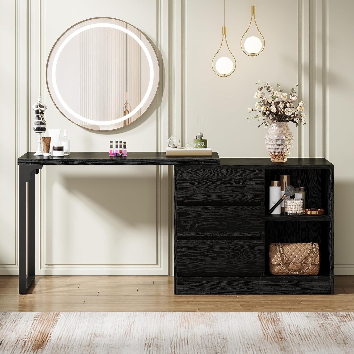 Tribesigns Vanity Desk with 3 Drawers and 2 Shelves, Small Makeup Vanity Table with Reversible Storage Cabinet, Modern Corner Dressing Table for Bedroom, Makeup Room (Without Mirror) (Black)
