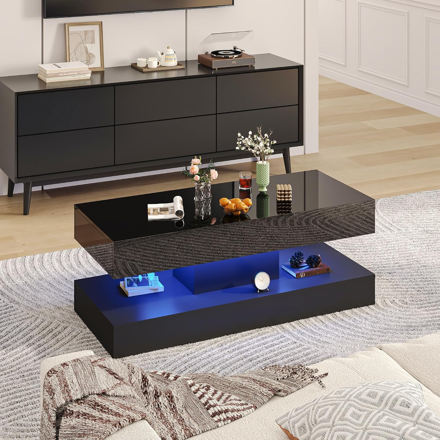 47.2' Modern High Glossy LED Coffee Table with 2 Sliding Storage Drawers, Black Living Room Tables for Living Rooms,Dining Room,Bedroom Home Office,APP LED Lights(Black)