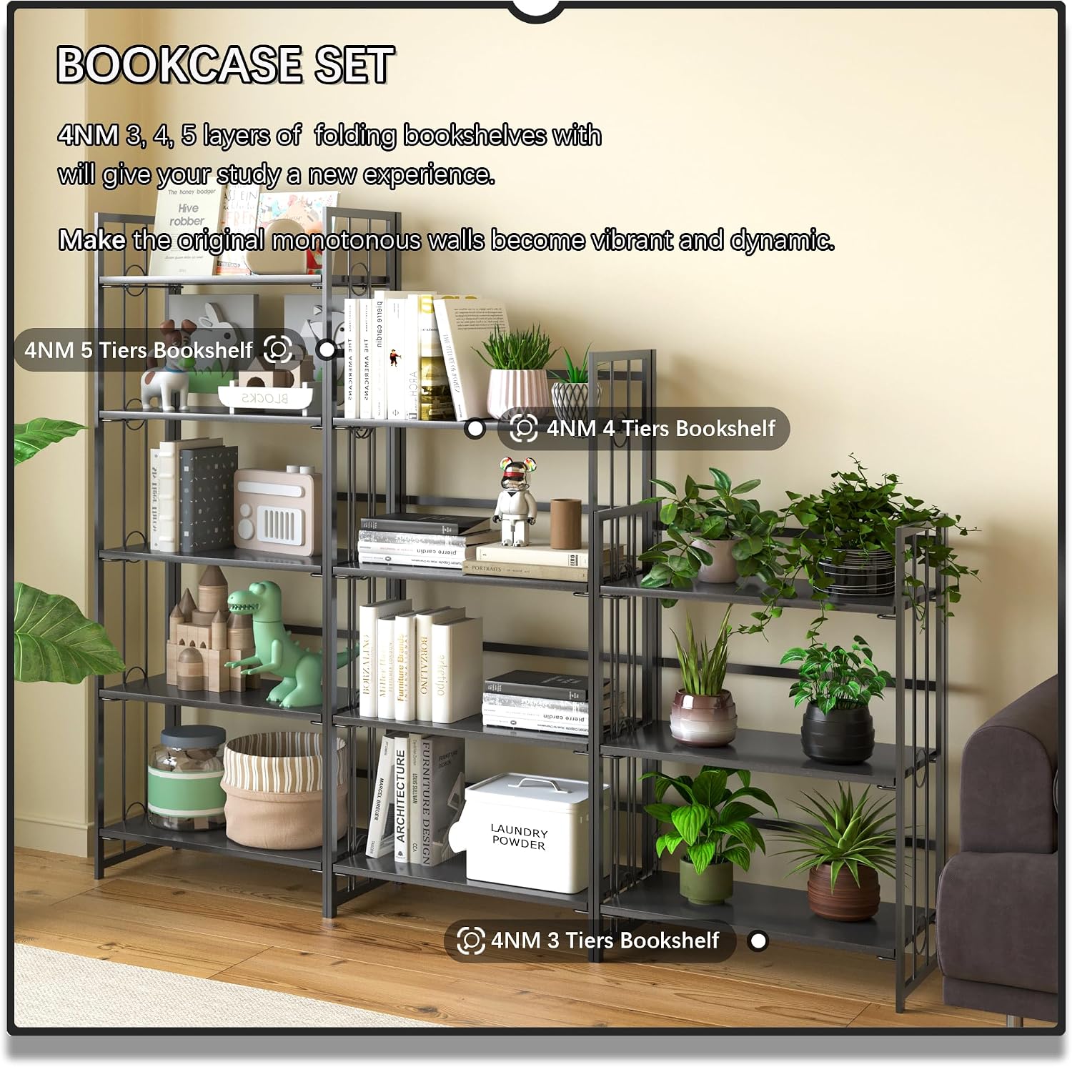 4NM No Assembly 5 Tiers Folding Bookshelf, 59.4' H Foldable Storage Shelves Vintage Bookcase Standing Racks Study Organizer Home Office - All Black