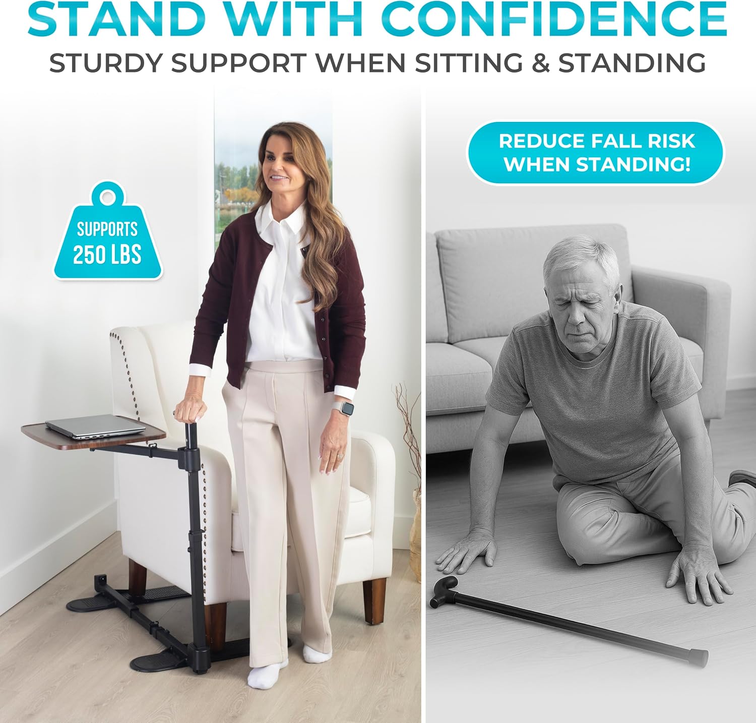 Stander Wonder Tray Plus, Adjustable Recliner Swivel TV Tray with Standing Handle for Seniors & Elderly Adults, Walnut Laptop Desk for Couches & Chairs, Mobility Aid Sit and Stand Assist