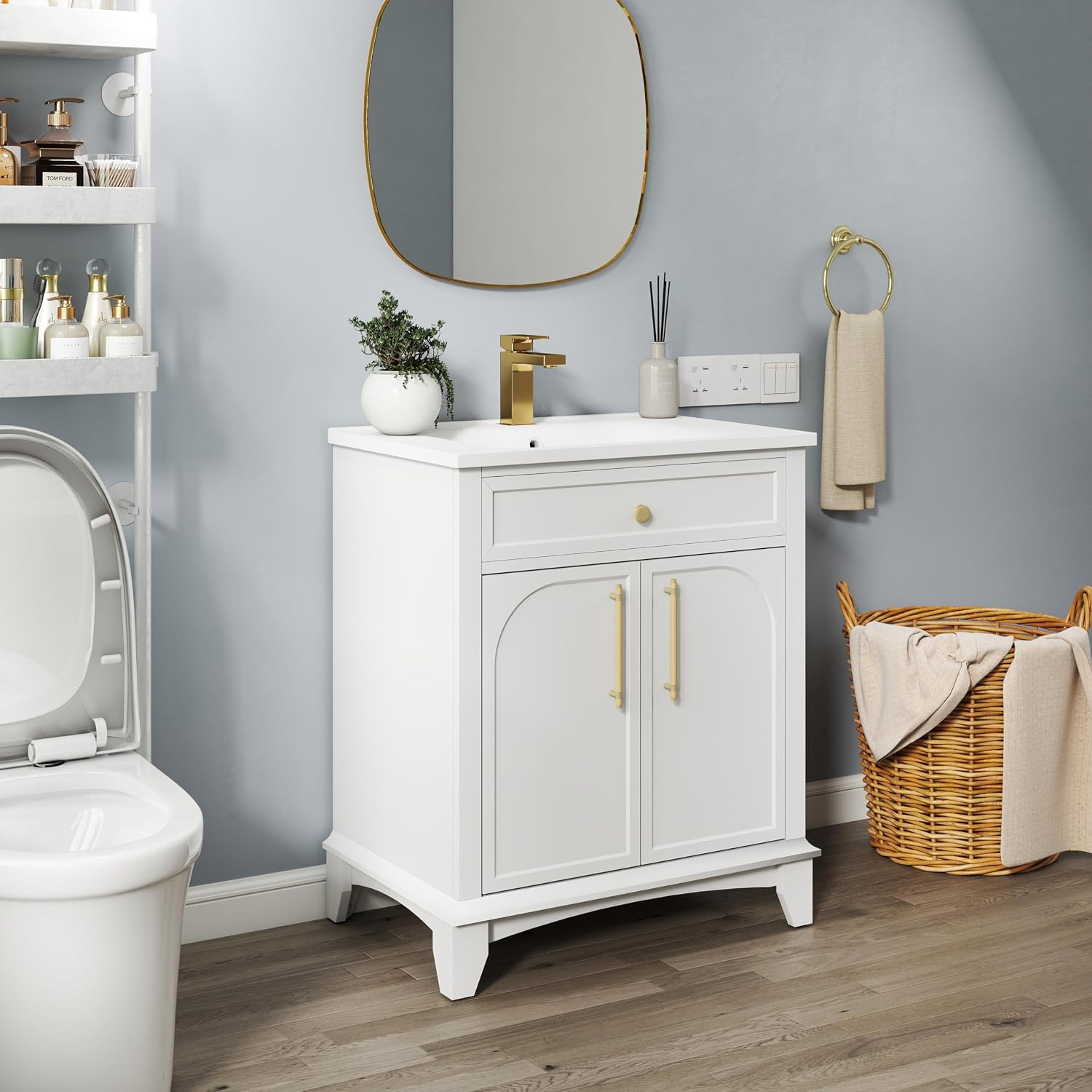 27.8' Bathroom Vanity Sink Combo, White | Integrated Ceramic Sink, Adjustable Shelves, Gold Metal Handles, Solid Wood Base, 19'Dx28.3'Wx34'H