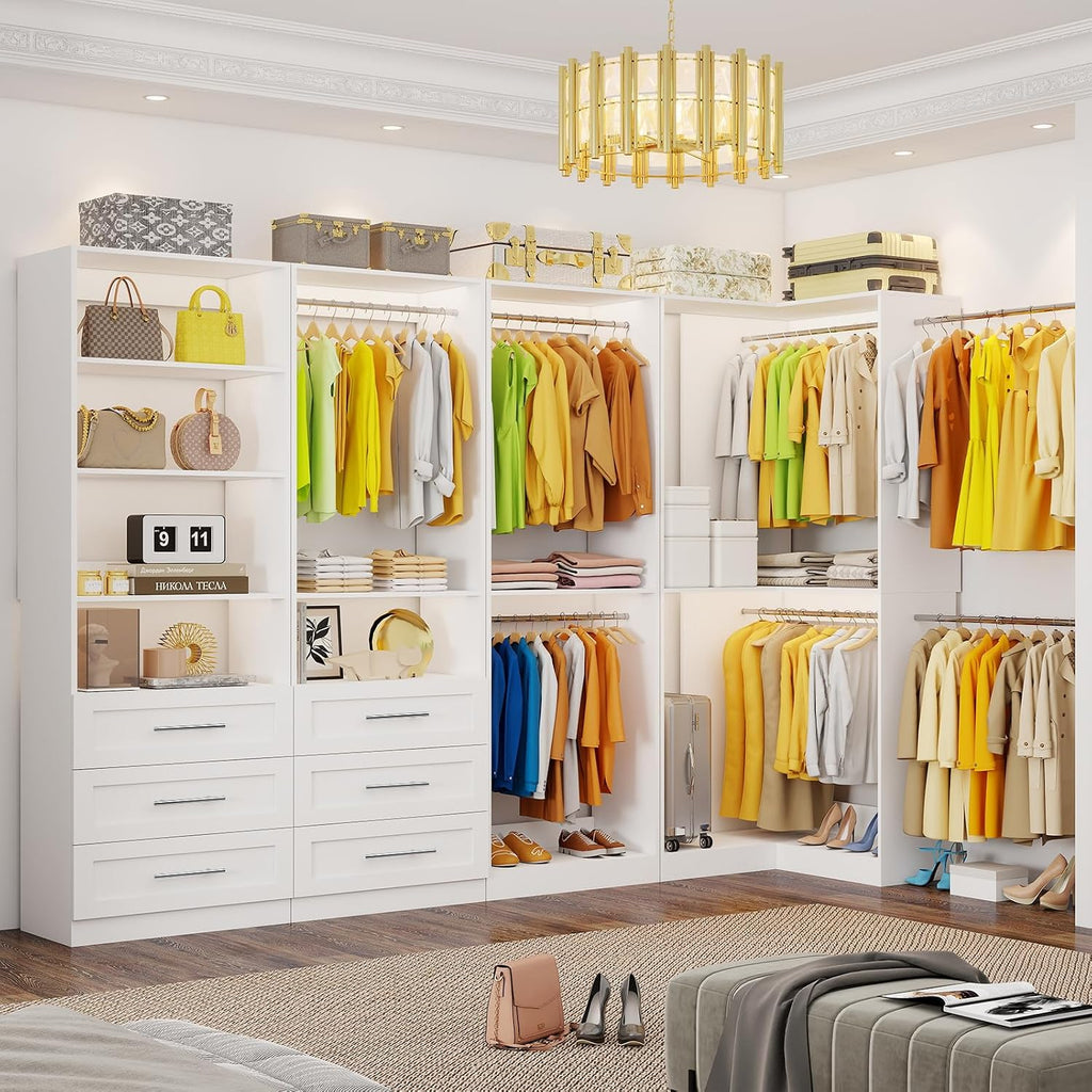 Closet System of 4 Sets with 6 Drawers, 101.9' Walk in Corner Closet System with 9 Hanging Rods & Adjustable Shelves, Custom L-Shaped Modular Closet Organizer System Wood Corner, White