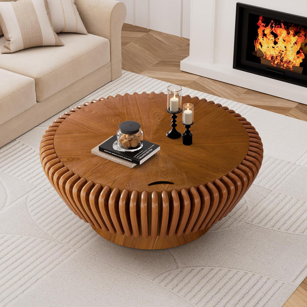 Round Coffee Table with Storage, 35.4' Modern Wooden Drum Coffee Table with Cover, Fluted Circle Center Table, Solid Wood Veneered, Accent Tea Table for Living Room Apartment Small Space (35.4 Brown)
