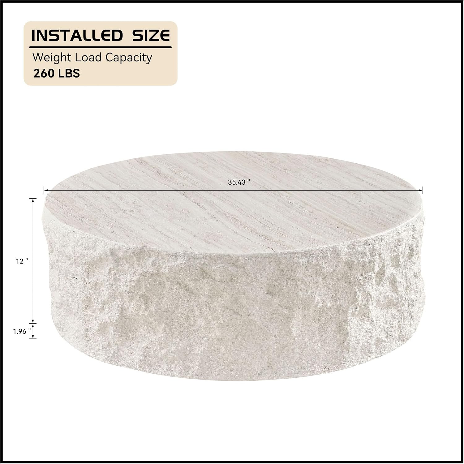 WILLIAMSPACE 35.4' Round Travertine Coffee Table for Living Room,Modern Circle Drum Center Table with Faux Stone Tea Table for Apartment, Fiberglass, No Need Assembly (Beige Cement Stone Pattern)