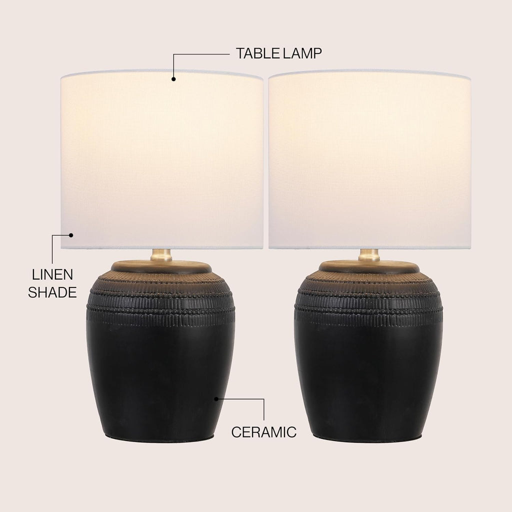 JONATHAN Y 16.75' Black/Nickel Ceramic Table Lamp Set of 2, Rustic Traditional Reeded Vase Lamps with White Linen Shade for Bedroom Living Room Decor JYL5707A-SET2