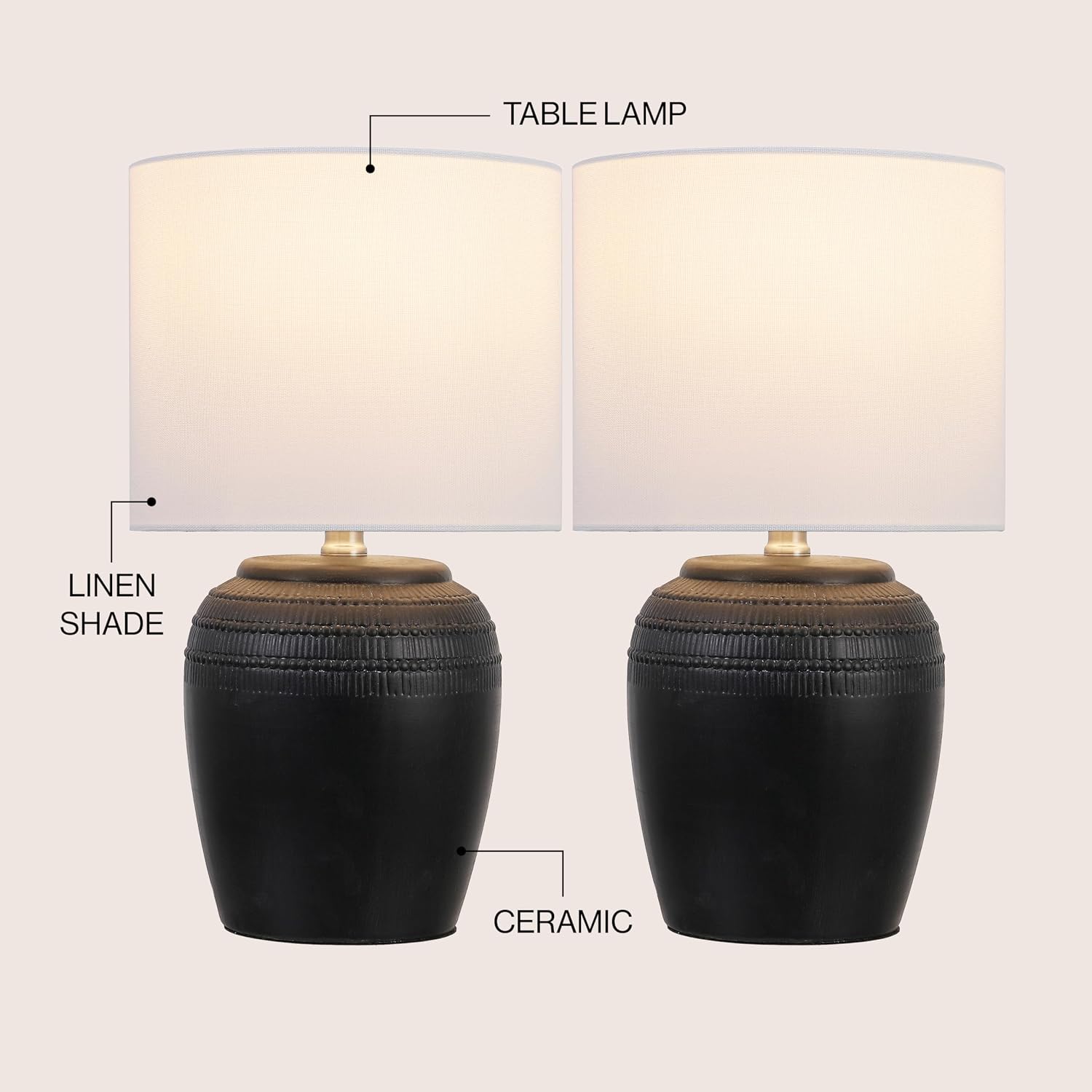 JONATHAN Y 16.75' Black/Nickel Ceramic Table Lamp Set of 2, Rustic Traditional Reeded Vase Lamps with White Linen Shade for Bedroom Living Room Decor JYL5707A-SET2
