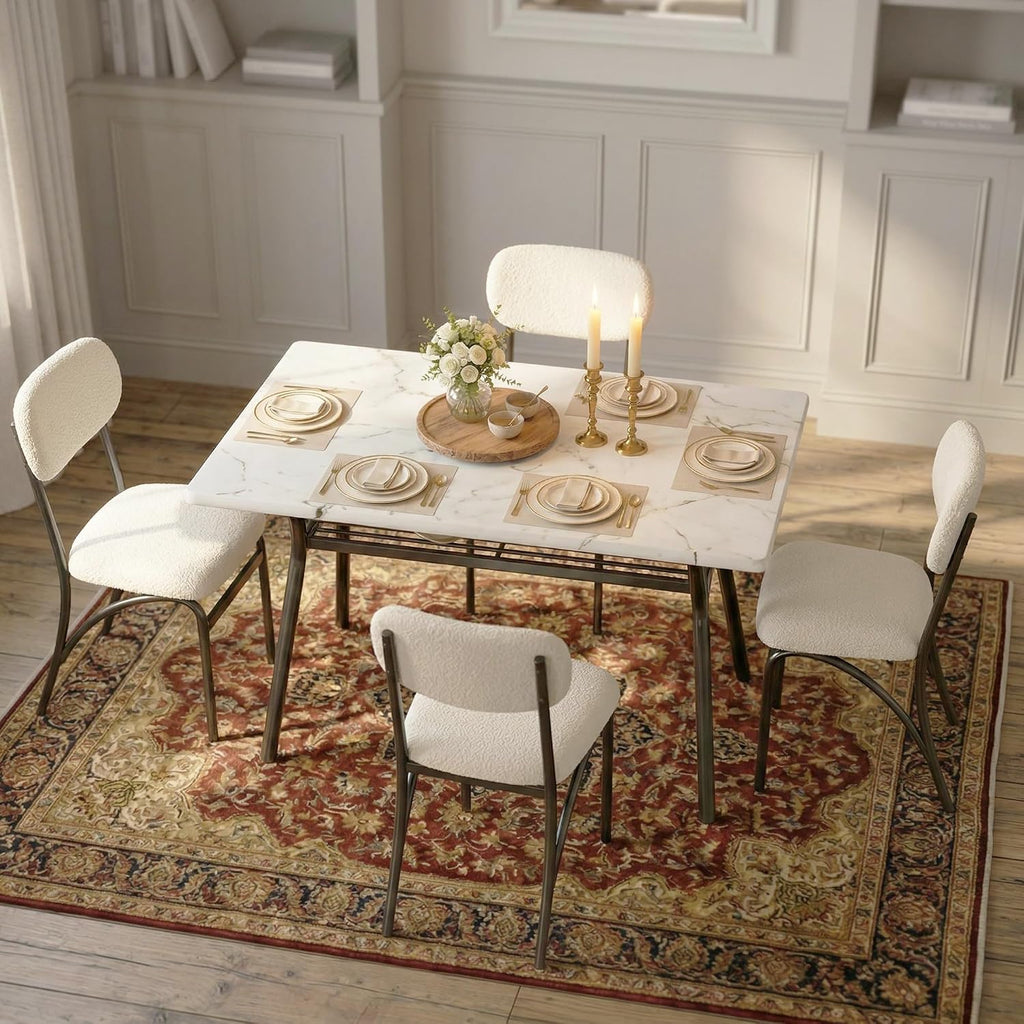 5-Piece Dining Table Set for 4, Modern Kitchen Table with 4 Boucle Chairs, Rectangular Dining Table with Storage Shelf & Marble Tabletop, Beige Home Dining Furniture for Small Space, Beige+White