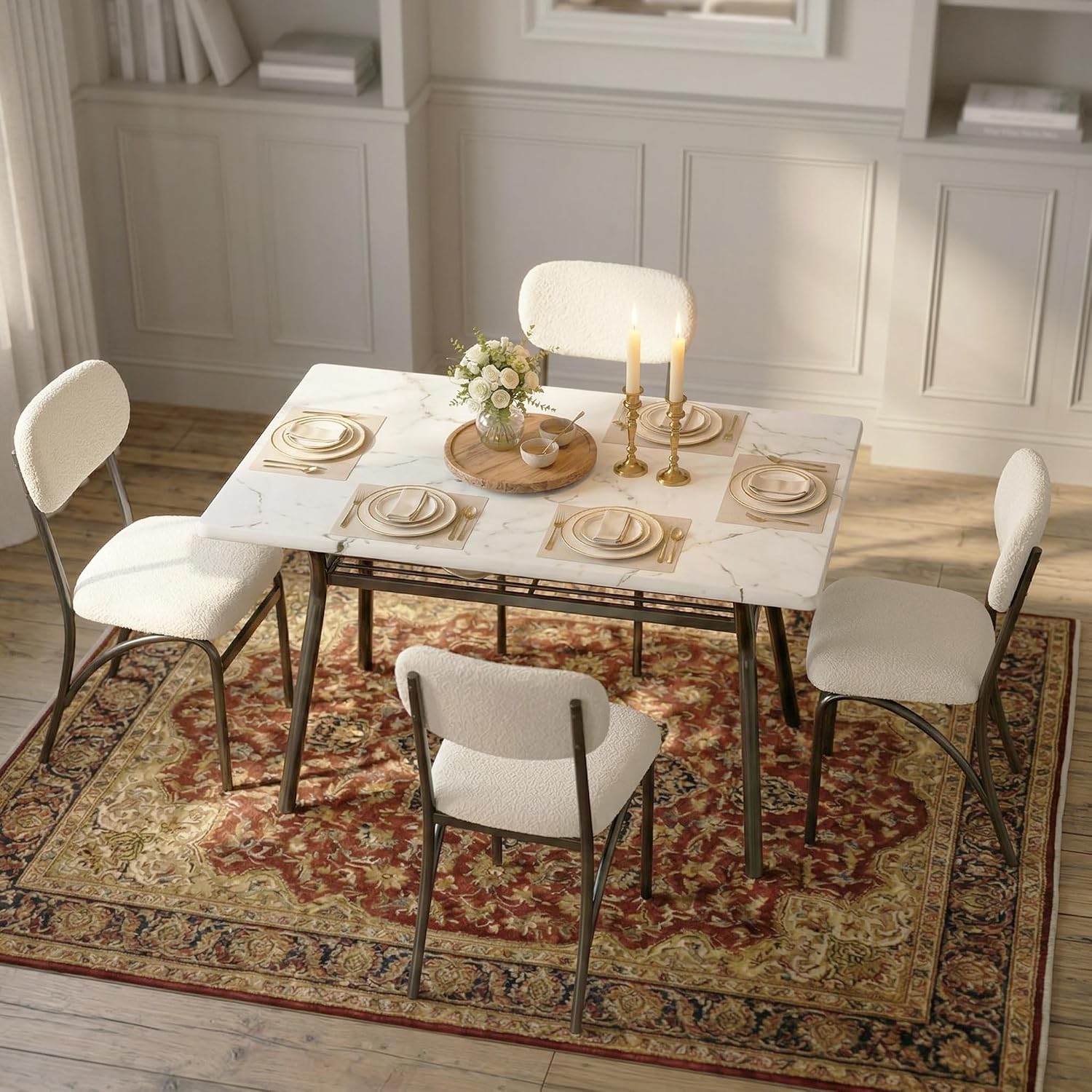 5-Piece Dining Table Set for 4, Modern Kitchen Table with 4 Boucle Chairs, Rectangular Dining Table with Storage Shelf & Marble Tabletop, Beige Home Dining Furniture for Small Space, Beige+White