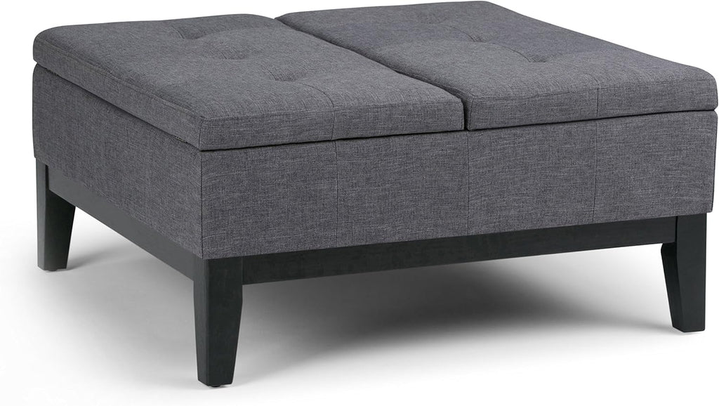 SIMPLIHOME Dover 36 inch Wide Contemporary Square Coffee Table Storage Ottoman in Slate Grey Linen Look Fabric, Assembled, For the Living Room and Bedroom