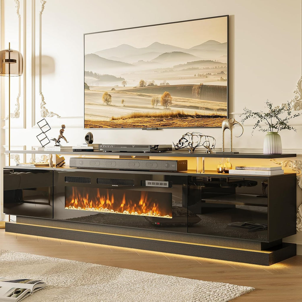2-Piece Modern Living Room Table Set, Includes High Gloss 70' Fireplace TV Stand and 39' Modern High-Glossy LED Coffee Table with 2 Sliding Drawers, Black