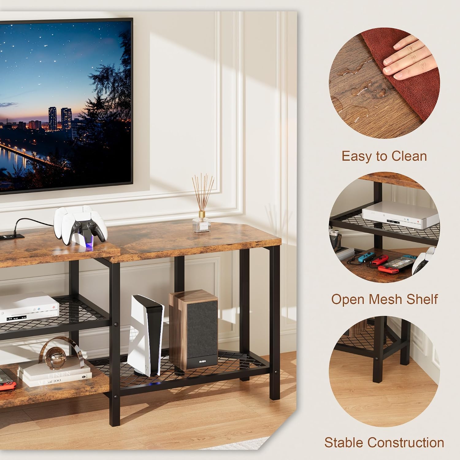 Corner TV Stand,with Power Outlets,Led Strip,67 Inch Large Entertainment Center,3-Tier Open Storage Shelves, Media TV Console Table for Living Room, Bedroom,Brown