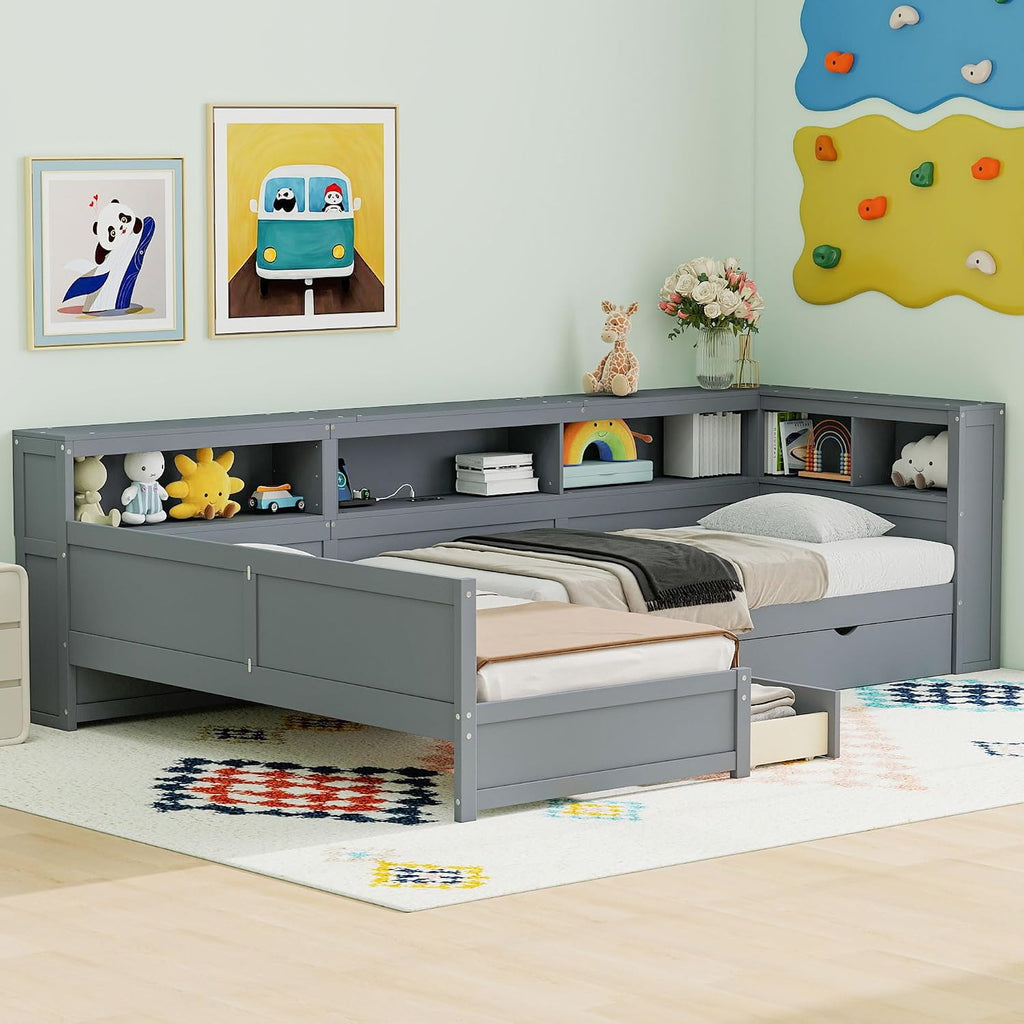 Merax L-Shaped Twin Bed with Trundle for 2-3 People, Wood Corner Platform Bed Frame with 1 Drawer & 5 Storage Shelves & Charging Station for Bedroom Guest Room, No Spring Box Needed (Grey)