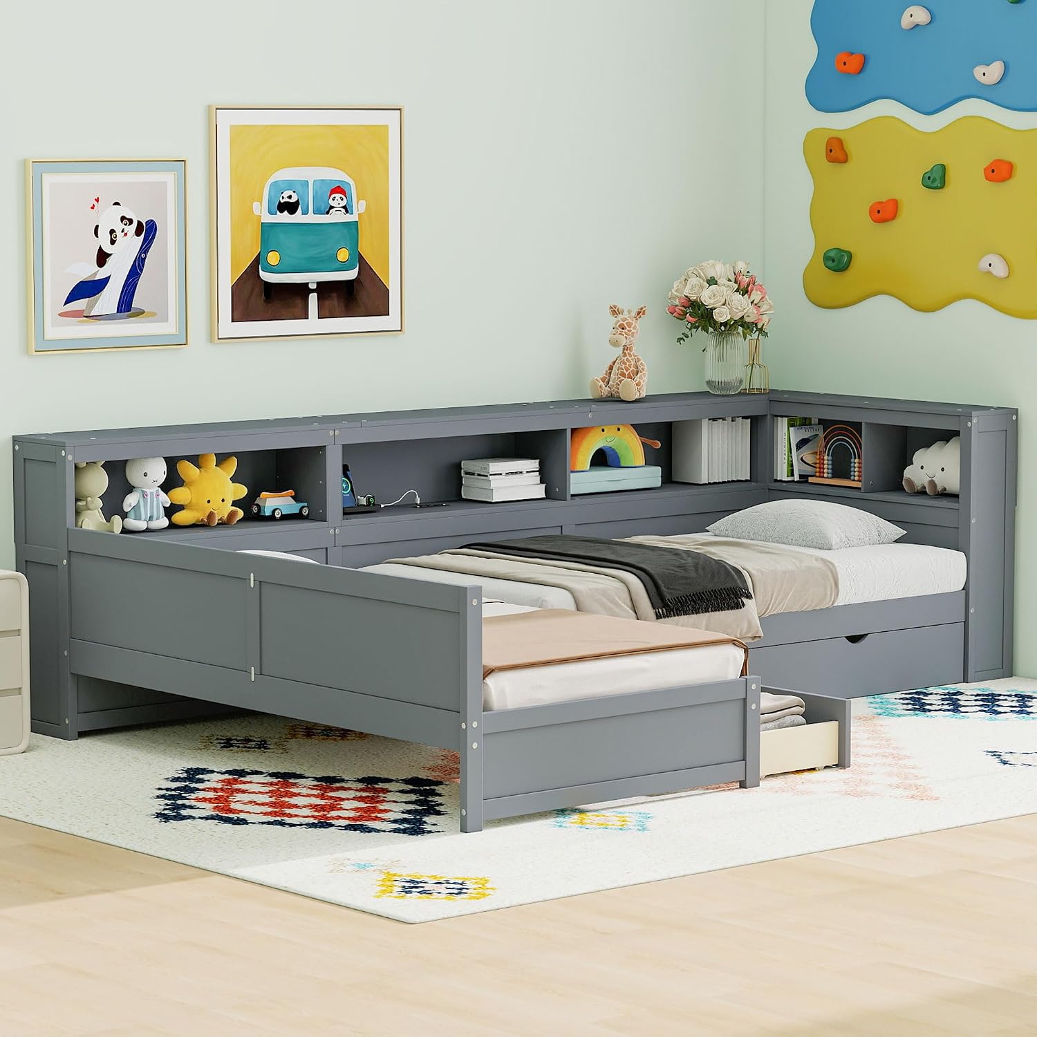 Merax L-Shaped Twin Bed with Trundle for 2-3 People, Wood Corner Platform Bed Frame with 1 Drawer & 5 Storage Shelves & Charging Station for Bedroom Guest Room, No Spring Box Needed (Grey)